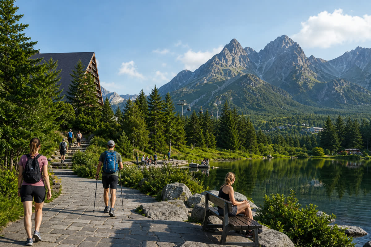 Ilustračný pohľad na horské pleso a turistický chodník